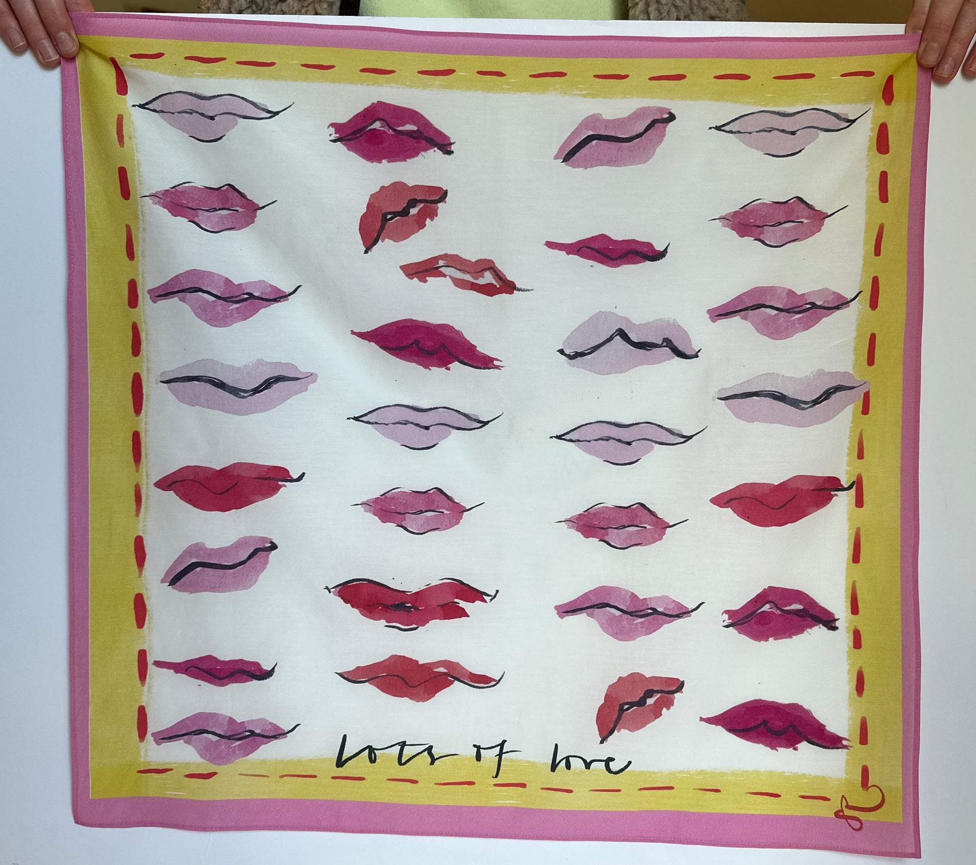 100% silk square scarf with kiss design